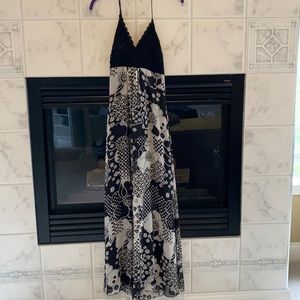 Bisou Bisou crocheted top and fun black and off white print maxi dress
